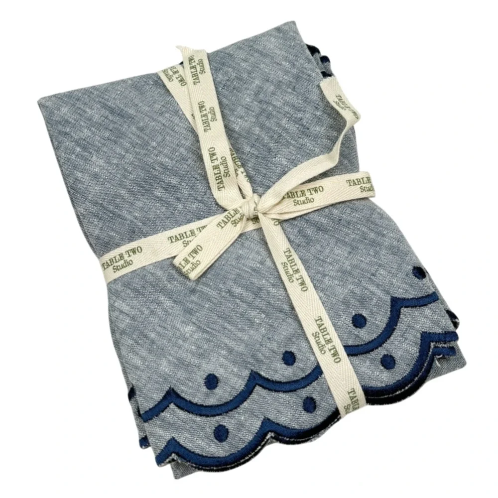 Table Two Studio Avalon Placemat Set Embroidered Chambray Linen Scalloped